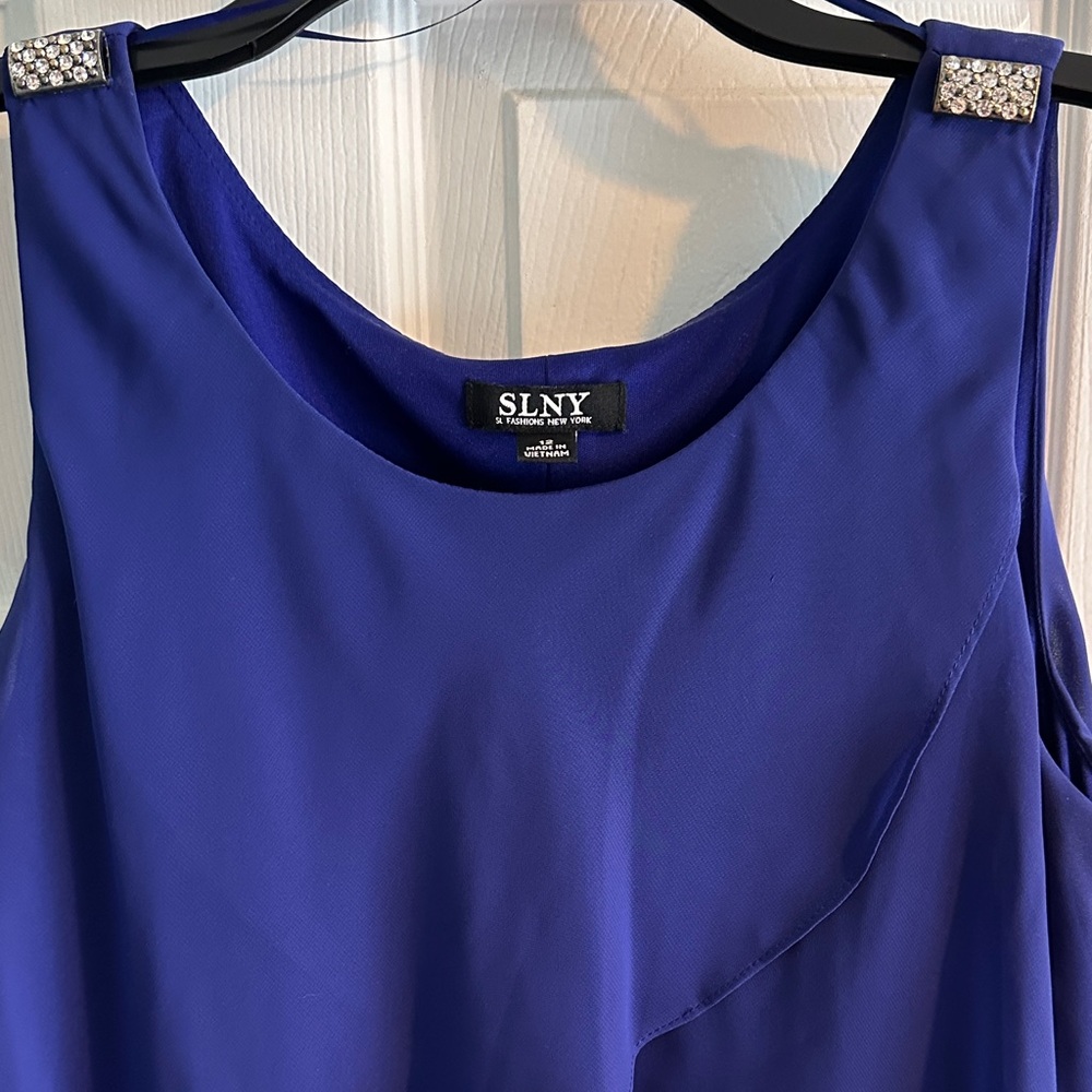 SLNY Royal Blue Dress with Sparkling Shoulder Details